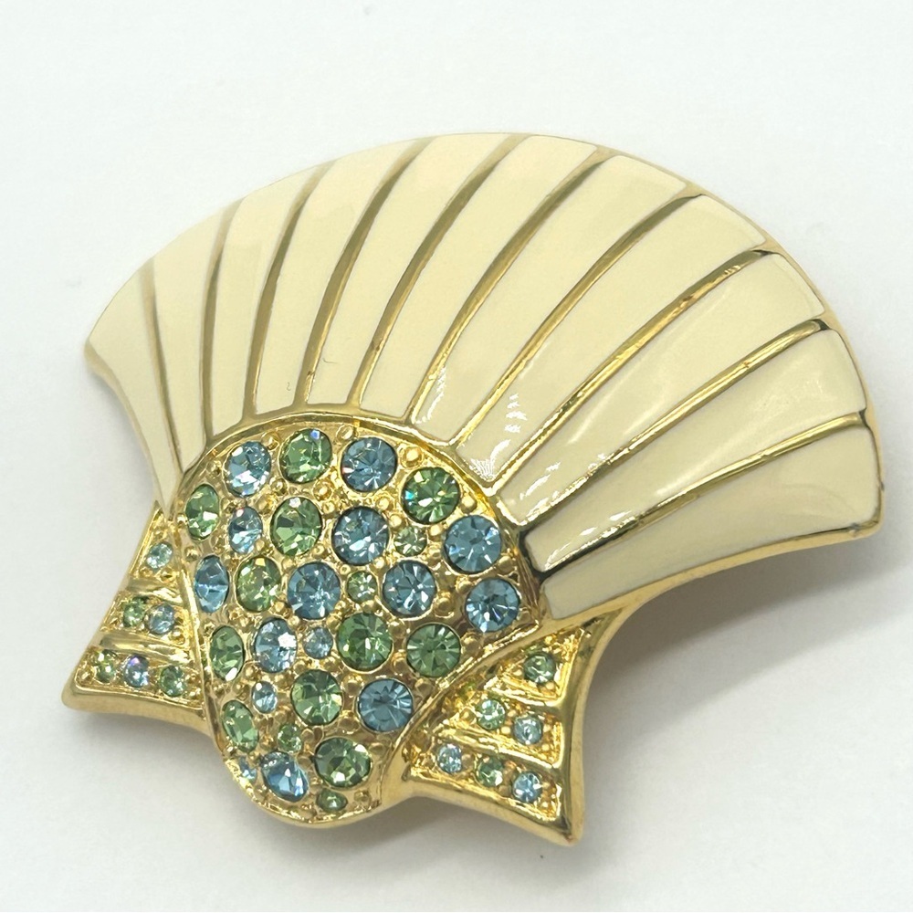 Kenneth Jay Lane Blue Green Crystal Enamel Clam Shell Brooch